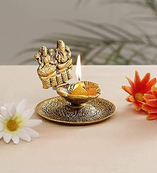 Craft Plus Lakshmi Ganesh Hand Diya Pair in Metal Antique Gold Plated (One)