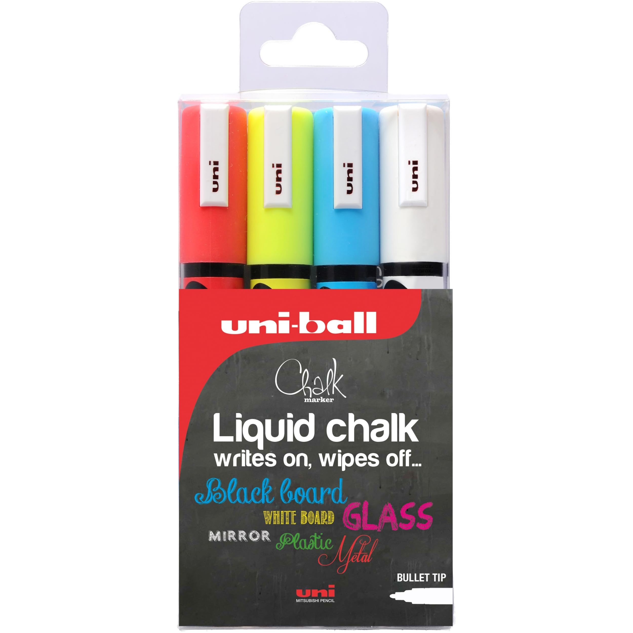 Uni-Ball PWE-5M Liquid Chalk Marker Pens. Multi-Purpose Wipeable Coloured Markers for Blackboards, Chalkboards, Whiteboards, Glass, Mirrors, Plastic, Windows, Metal. Non-Toxic. Bullet Tip. Pack Of 4