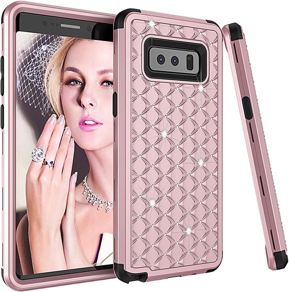 Galaxy Note 8 Case,OTRON Bling Glitter Tough Hard PC+Soft Silicon Slim Sleek Profile Shockproof Drop-Proof Rubber Bumper Full Frame Protection Case For Samsung Galaxy Note 8 (RosGold-Black)