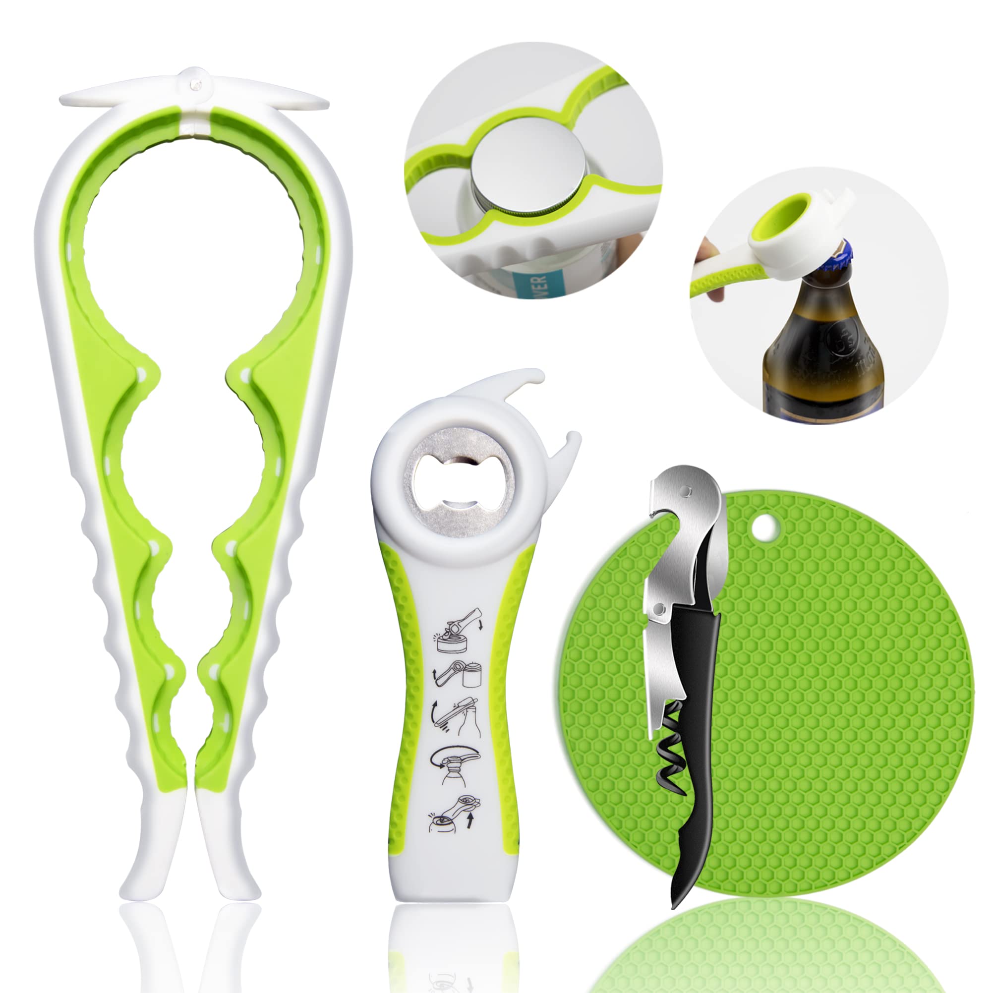 Photo 1 of Jar Opener for Weak Hands, Seniors with Arthritis, 5 in 1 Multi Function Bottle Opener Lid Opener For Arthritic Hands with Non Slip Rubber Jar opener Gripper Pad and Corkscrew Wine Opener(GREEN)