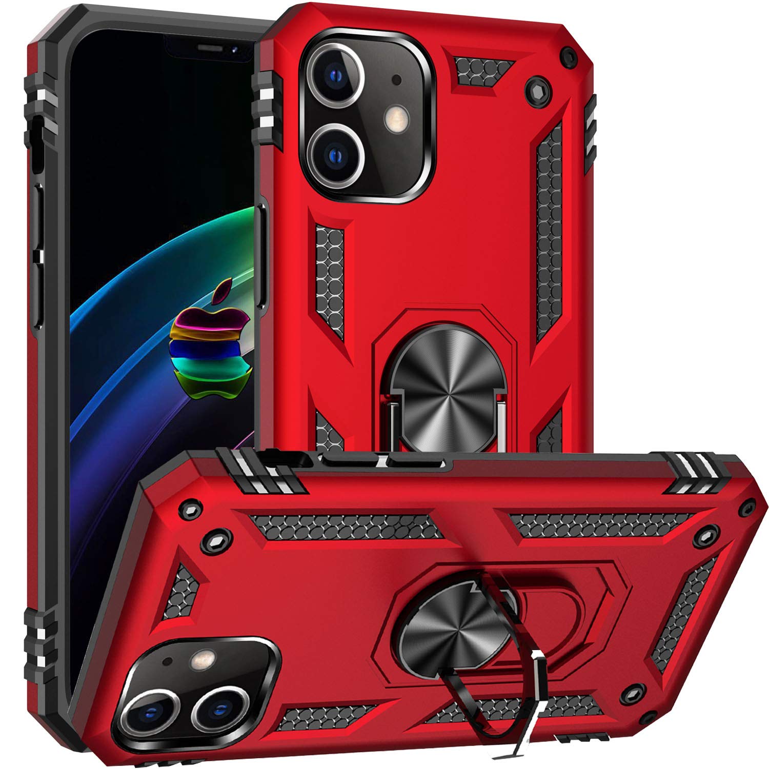 Fetrim Case for iPhone 12 Mini, Shockproof Protective Phone Case with Rotation Ring Kickstand for Apple iPhone 12 Mini Red