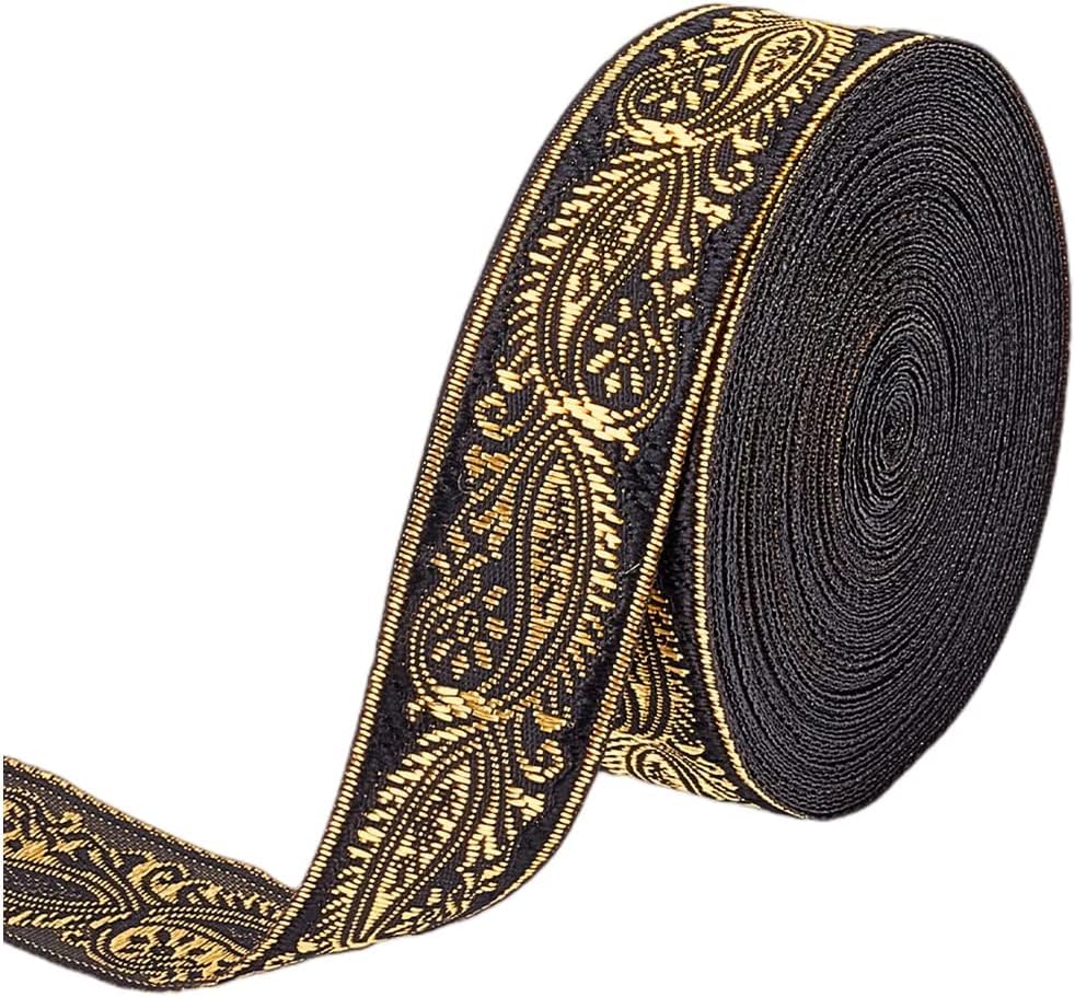 FINGERINSPIRE 10m Black Vintage Jacquard Ribbon Ethnic Style Floral Woven Trim 25mm Jacquard Gold Vine on Ribbon Trim for DIY Sewing Crafting Home Decor, Gift Wrapping hat Bands