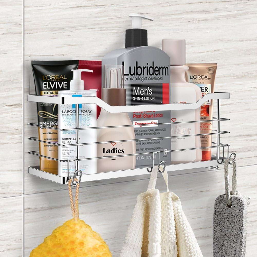 Oriware Adhesive Shower Caddy Organiser Basket Bathroom Shelf Storage Wall Mounted SUS304 Stainless Steel No Drilling - Image 3