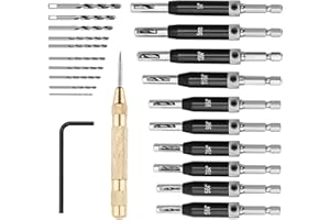 SYWAN 22Pcs Self Centering Hinge Drill Bit Set,Self Centering Hinge Tapper Core Hole Puncher 5/64'' 7/64'' 9/64'' 11/64'' 13/64'' 5mm 1/4'' & 1 Pcs Hex Key & 10 Pcs Replacement Drill Bits +1 Center Punch
