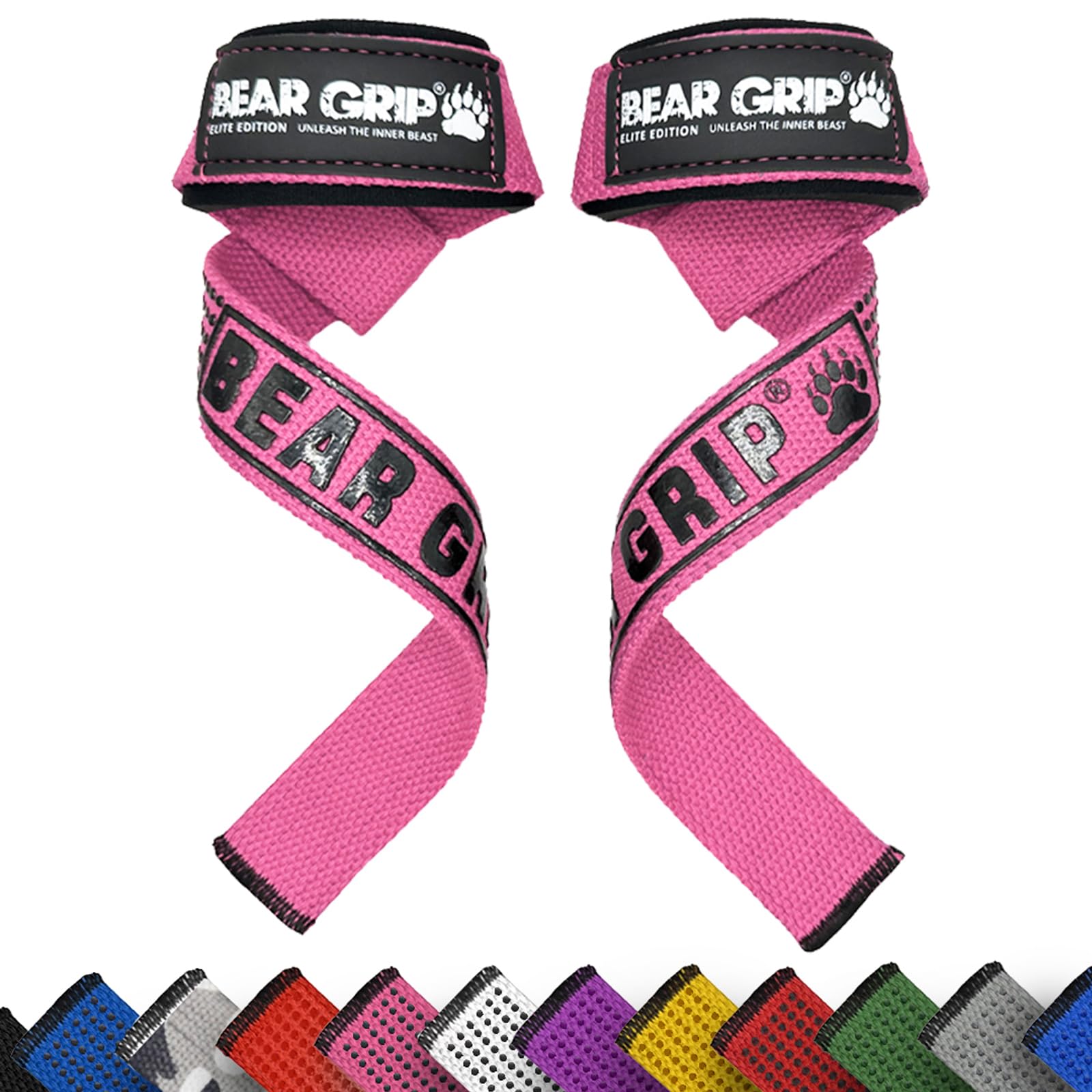 BEAR GRIP Straps - Premium Neoprene Padded Heavy Duty Double Stitched Weight Lifting Gym Straps, Deadlift, Gym Accessories for Men and Women, Advanced Gel Grip, 100% cotton, Extra long length (Pink)