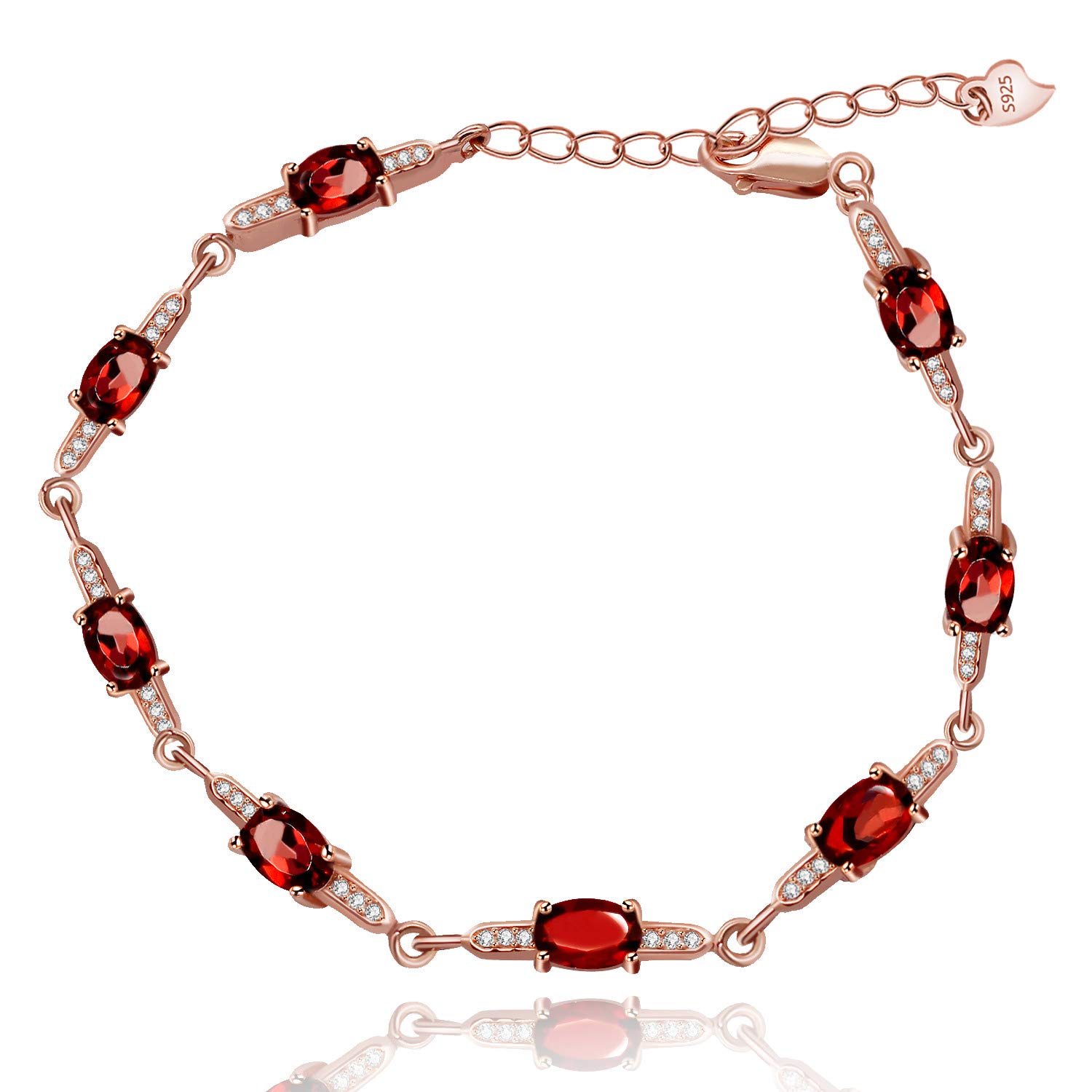 Uloveido Rose Gold Plated 925 Sterling Silver Chain Bracelet with Charms 8 Stones Oval Cut Real Red Garnet Gemstone January Birth Stone Free Size Bracelets Gift for Women Girl FB053