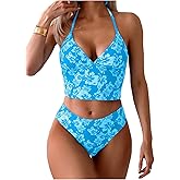 Floerns Women's Floral Print Halter Neck Tankini Top Two Piece Bathing Swimsuit