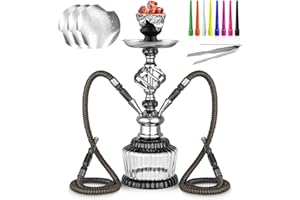 HAPYWAER 2 Hose Hookah Set 15'' Shisha With Everything Glass Vase Hollow-Carved,Coal Tong, Hookah Foil, Disposable Tips (Black)