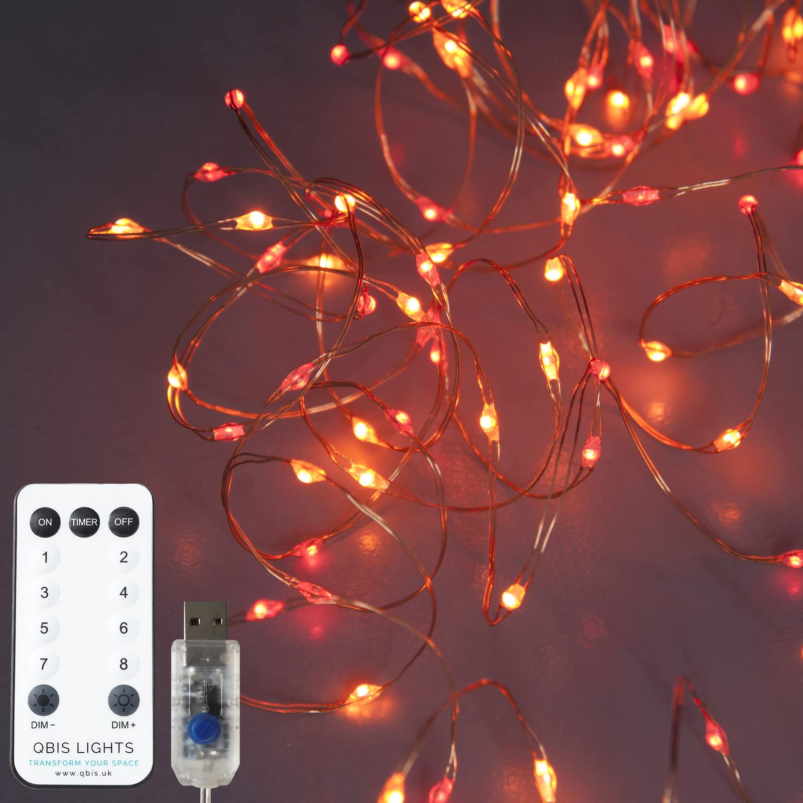 Qbis Red & Orange Micro LED Fairy Lights on Thin Copper Wire – 5m USB String Lights with Remote, Timer, Multifunction Modes, Indoor Outdoor, Christmas or Fireplace Decor (Sunset2, Red & Orange)