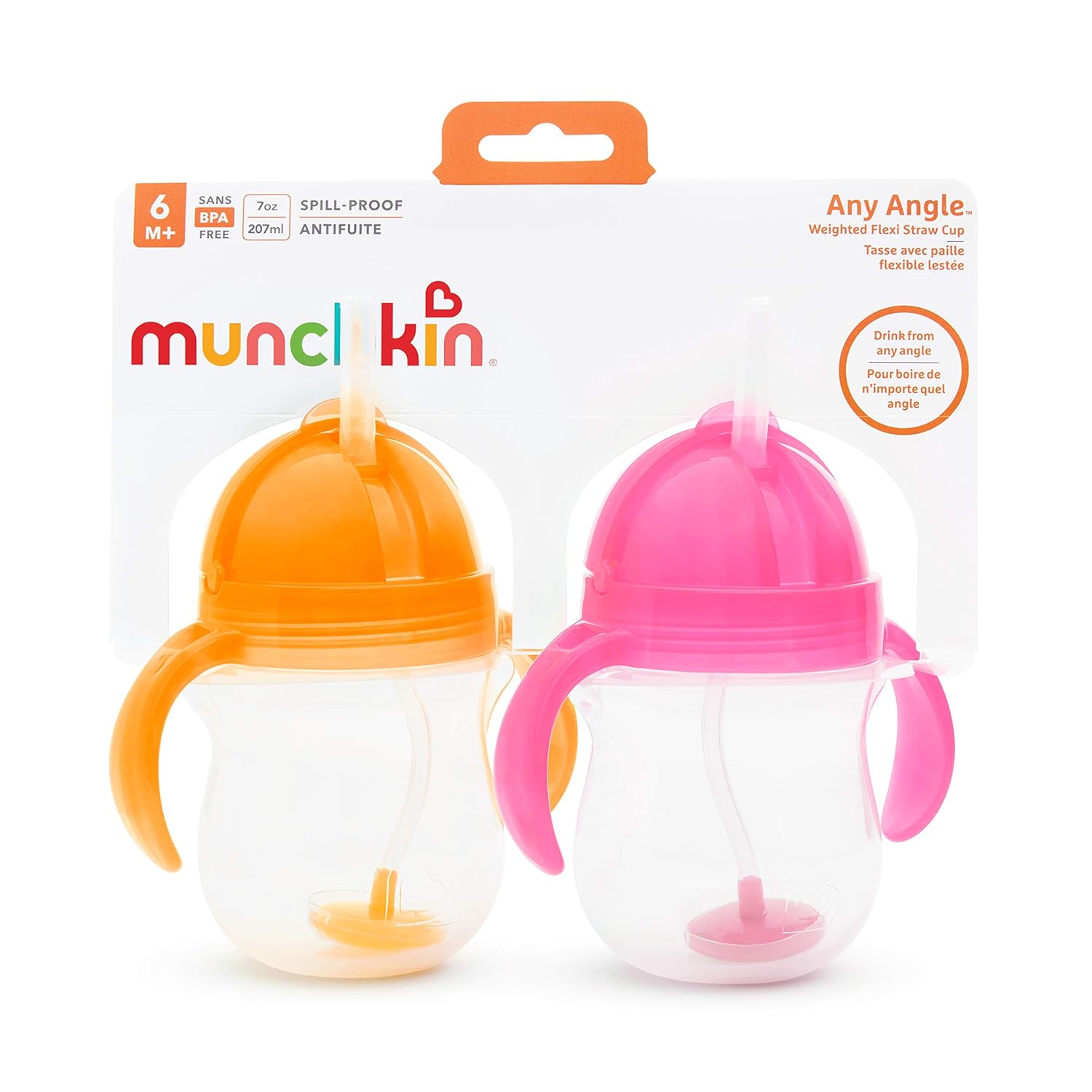 Munchkin Any Angle Click Lock Weighted Straw Trainer Cup, Pink/Orange, 7oz, 2pk : Baby