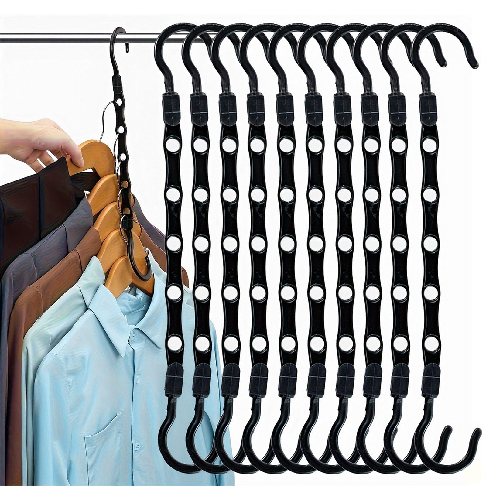 10 Pack Clothes Hangers Space Saving, Closet Organizers and Storage, Magic Clothes Hangers Space Savers, Coat Hangers Sturdy ultifunctional Portable Hanger Organiser for Clothes Trouser Coat Black