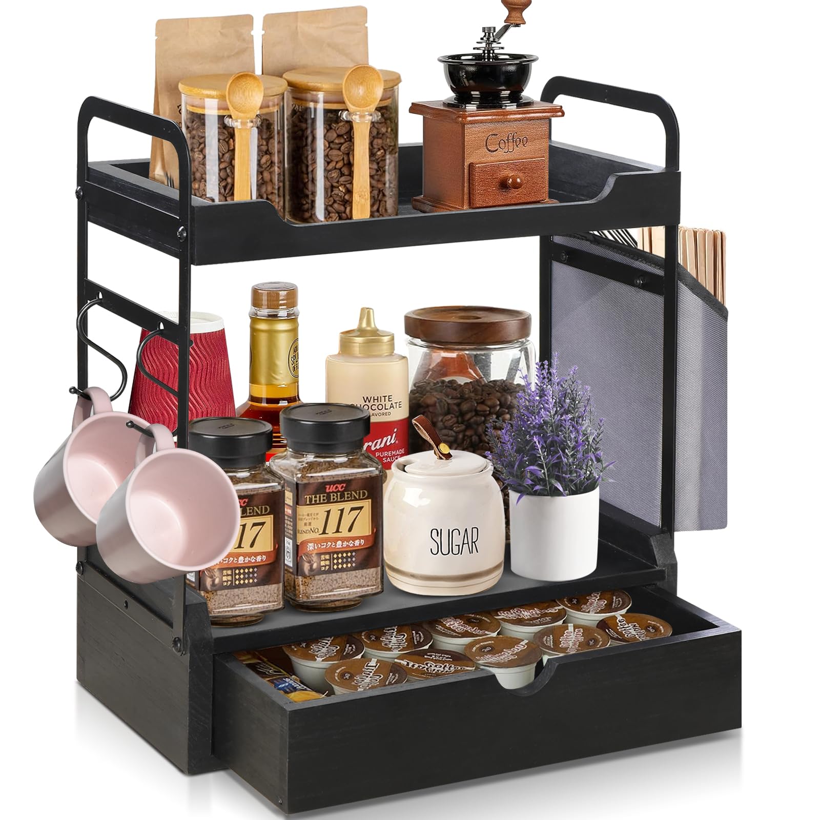 Photo 1 of Coffee Bar Accessories and Organizer, 2-Tier Coffee Station Organizer, Wood Kitchen Countertop Organizer with Bag and Hooks, Coffee Pod Holder for Coffee Bar Decor, Coffee Syrup Snack Organizer(Black)