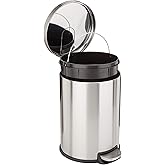 Amazon Basics Round Cylindrical Home Office Trash Can With Soft-Close Foot Pedal, 20 l /5.3 gallon, Brushed Stainless Steel