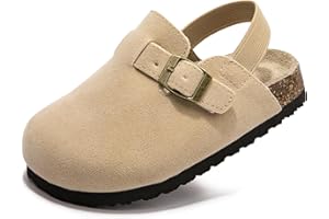 VAYFIO Soft Suede Kids Clogs for Toddlers - Adjustable Buckle Slip-On Mules for Boys & Girls, Featuring Cork Footbeds & Leather Details, Stylish & Comfortable Potato Shoes