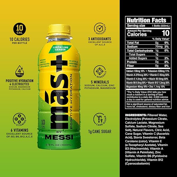 MÁS+ BY MESSI 16.9OZ LIMÓN LIME LEAGUE, SPORTS DRINK & HYDRATION BEVERAGE, NATURAL FLAVORS WITH VITAMINS AND ELECTROLYTES, NO ARTIFICIAL SWEETENERS OR COLORS, 12-PACK