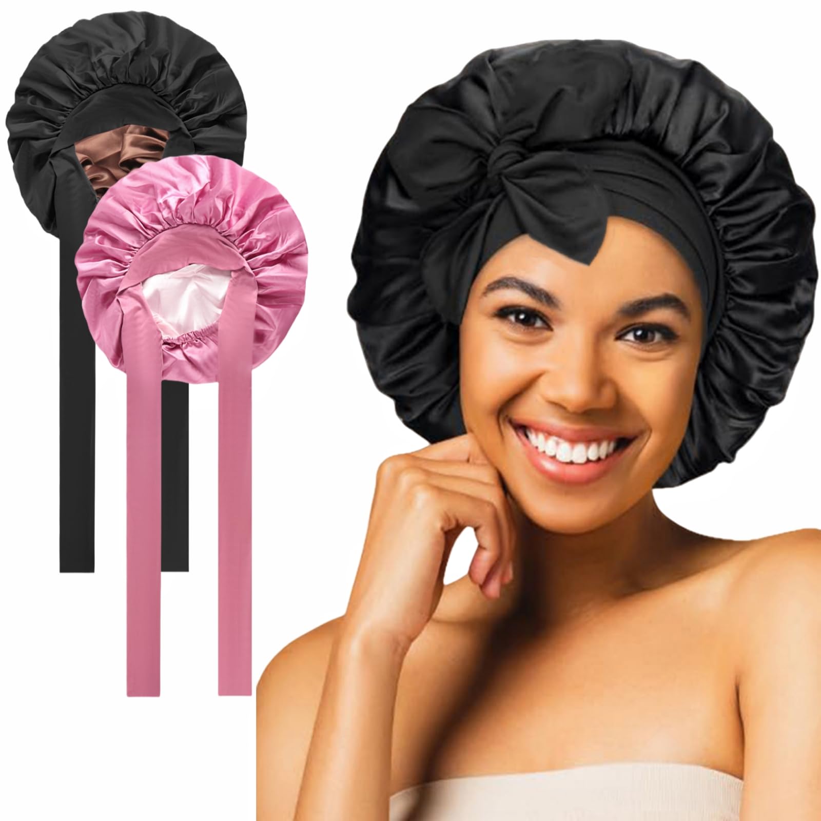 RVLZKCPG Pack of 2 Satin Hair Caps, Large Double-Sided Silk Hood for Sleeping, Sleep Cap, Silk for the Night, Wide Bonnet Sleep Cap for Women and Girls, Pink, Black