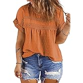 Eytino Women Plus Size Tops Crewneck Short Sleeve Lace Crochet Loose Casual Summer Blouses Shirts(1X-5X)