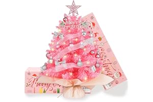 TBD DECOR 20" Mini Pink Christmas Tree, Artificial Small Christmas Tree with Lights, Tabletop Christmas Tree with Star Treetop,Bow Boxes and Ball Ornaments for DIY Christmas Decoration (Pink)