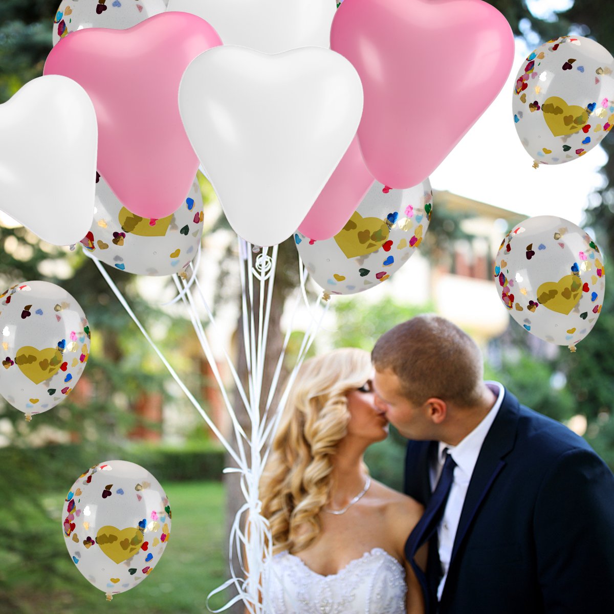 15 Pcs Heart Confetti Balloons with 30 Pcs 12 \'\' Pink and White Latex Heart Shape Party Balloons for Wedding Renewal Valentine\'s Bridal Shower Party Bachelorette Celebration Anniversary