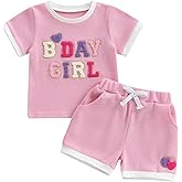 Kayotuas Toddler Baby Girl Birthday Outfit Birthday Girl Shirt Embroidery Short Sleeve T-Shirt Tops Shorts Set Summer Clothes