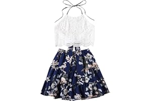 LYANER Women's 2 Piece Outfits Summer Lace Halter Cami Crop Top with Floral Mini Skirt Set