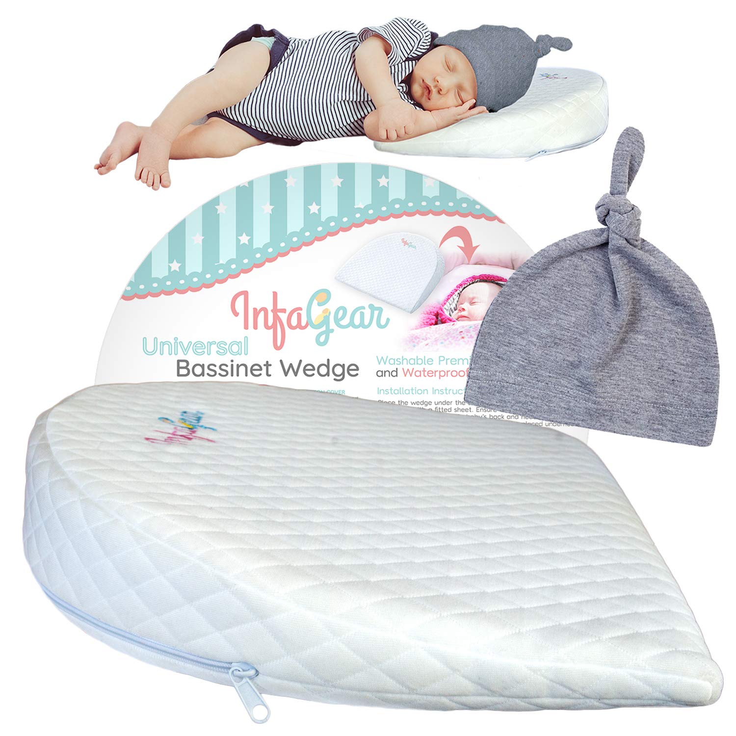 Infagear Bassinet Wedge Pillow For Acid Reflux Plus Baby Beanie