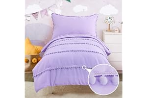 DECMAY Lavender Toddler Comforter Set for Girls Baby Purple Crib Bedding Set with 6 Pom Pom Fringes 4 Pieces Pink Comforter with Fitted Sheet, Flat Sheet, Pillowcase