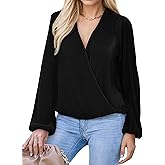Am Direct Women's Long Sleeve Wrap V Neck Blouse Pleated Dressy Casual Work Tops