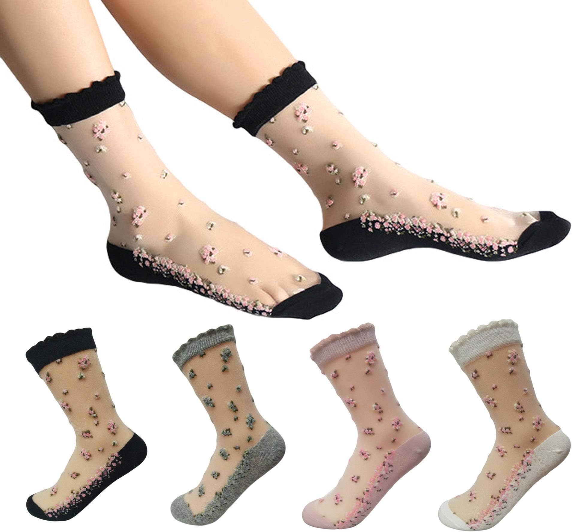Qiabao Women's Flower Patterned Transparent Sheer Ankle Socks Pack of 4