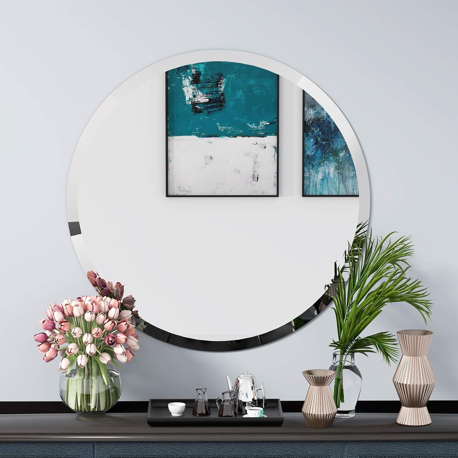 KOHROS Round Beveled Polished Frameless Wall Mirror for Bathroom, Vanity, Bedroom (24