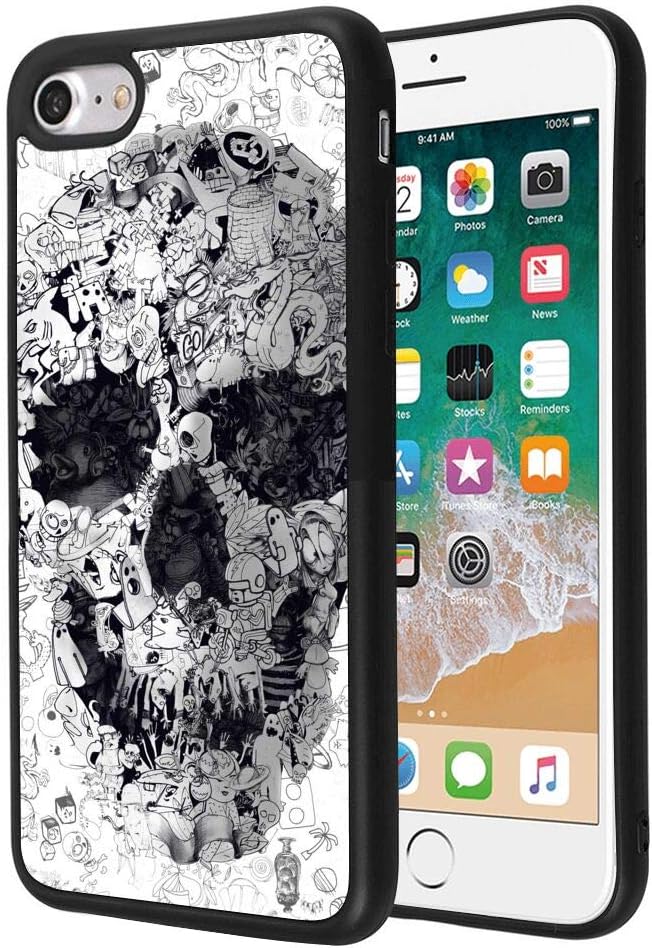 Phone Case Scrubs for iPhone 7/8, Cute Painted Ultra-Thin Protective Cover for Girls Boys Men Lady Doodle Skull Skull Art Sugar Skull Shark Alien
