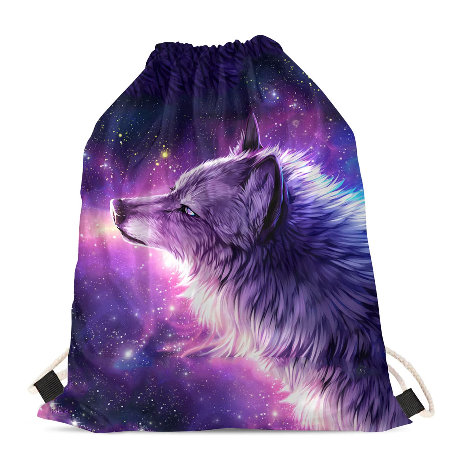 Showudesigns Wolf Drawstring Swim Bag for Children String Gymsack PE Cinch Sack Sport Hiking Gymbag Girls Boys Travel Beach String Storage Galaxy Purple