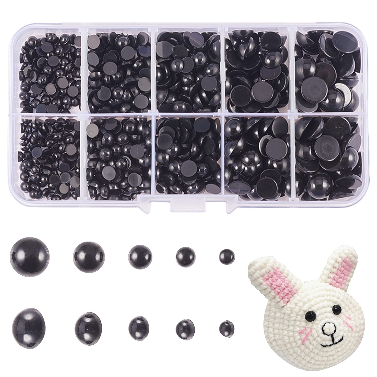 PH PandaHall 760pcs Round Stick on Eyes Crochet Eyes 5 Sizes 4mm-10mm Crafting Resin Eye Flat Back Cabochons Stuffed Animal Safety Eyes for Crochet Craft Dolls Cards Decorative DIY Projects, Black