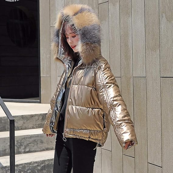 Amazon 冬用 中綿ジャケット ダウンジャケット レディース アウター ショート丈 暖かい 防風 防寒 カジュアル オシャレ アウトドア フード付き ファー 大きめ 光沢 シルバー ゴールド 全6色 M L Xl Xxl コート ジャケット 通販
