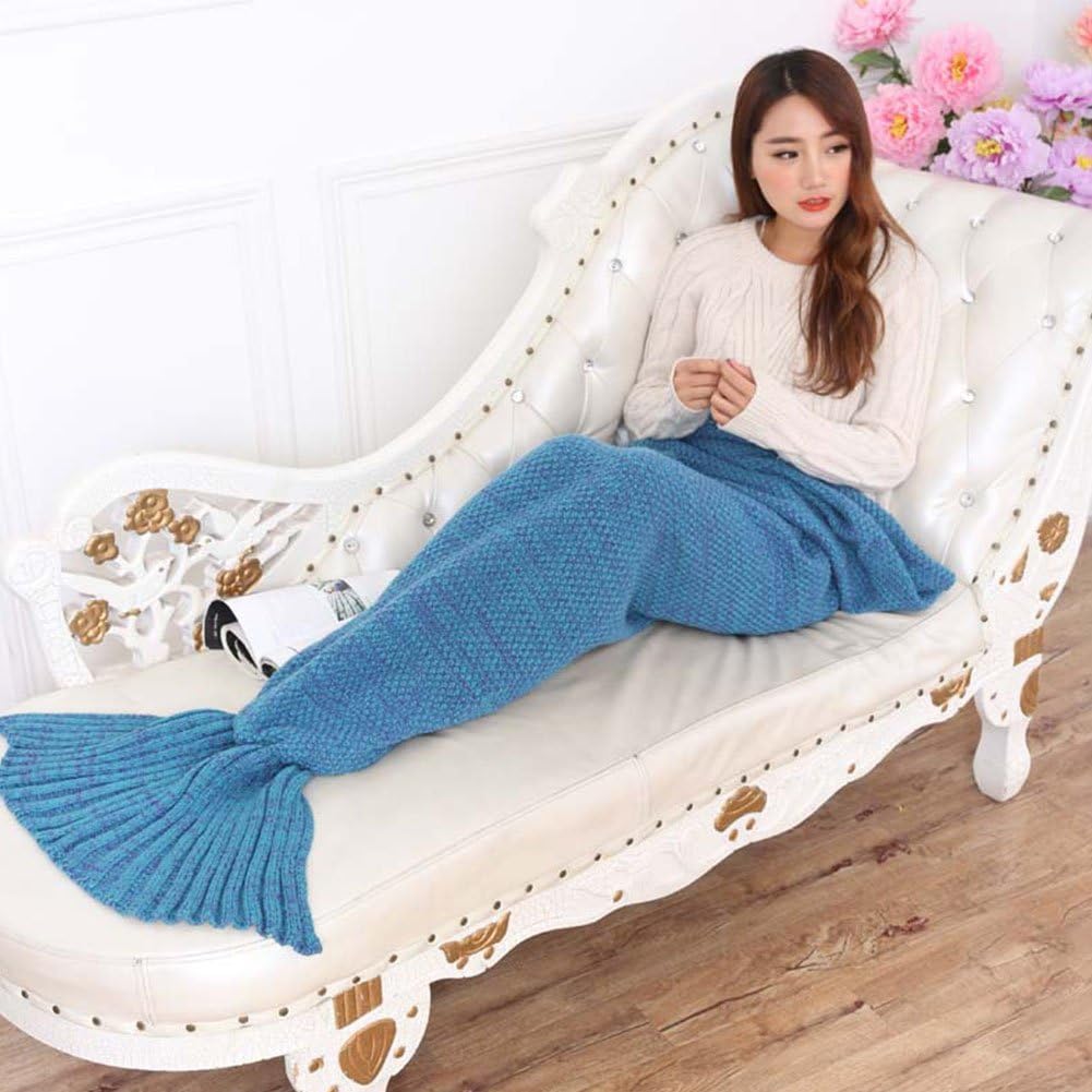 Mermaid Tail Blanket Adult Girls Handmade Knitted Wearable Throw Blankets Super Soft All Seasons Sleeping Bags (190x90 cm, Lake-blue)
