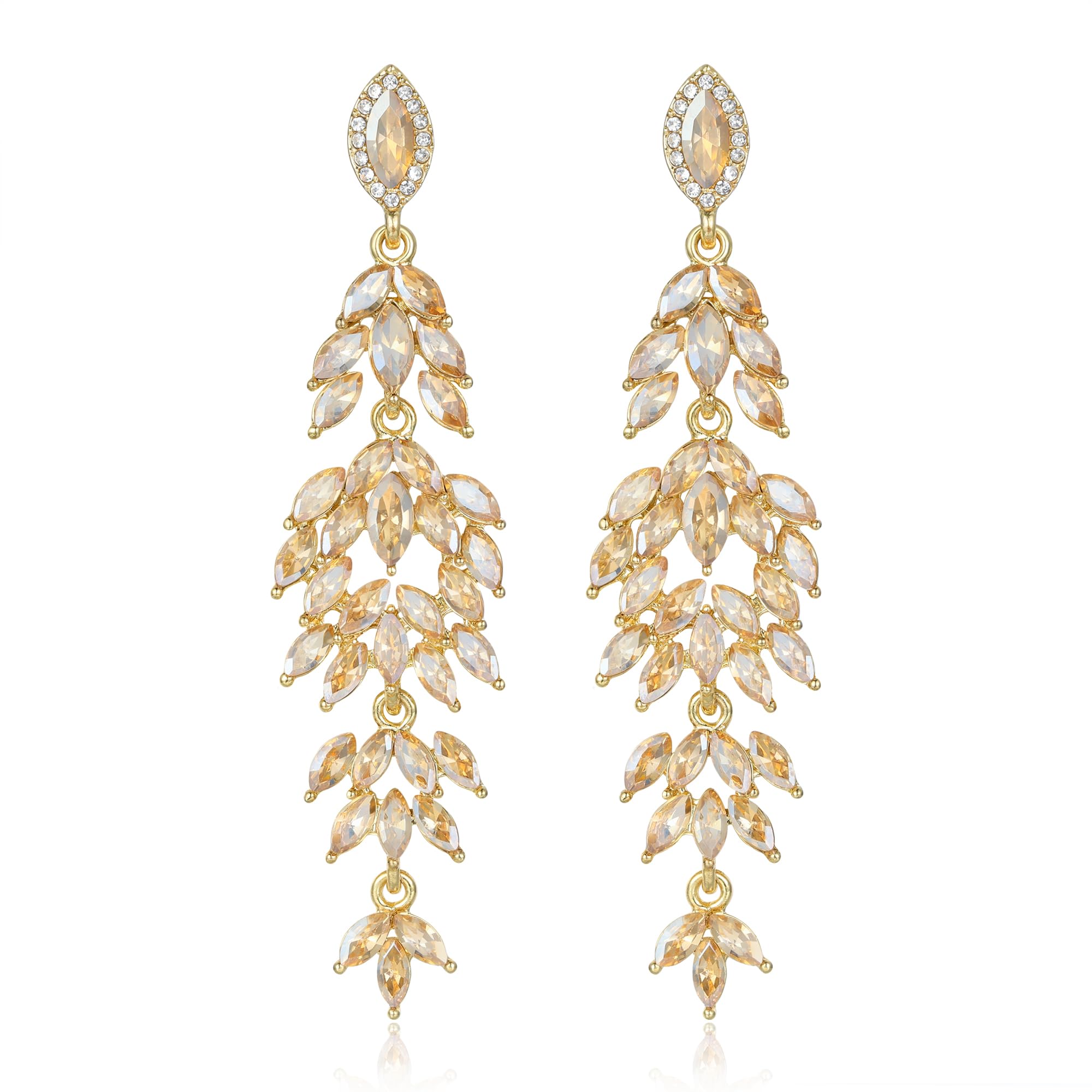 Clearine Women's Wedding Bridal Crystal Multi Marquise-Shape Leaf Cluster Chandelier Dangle Earrings Champagne Gold-Toned