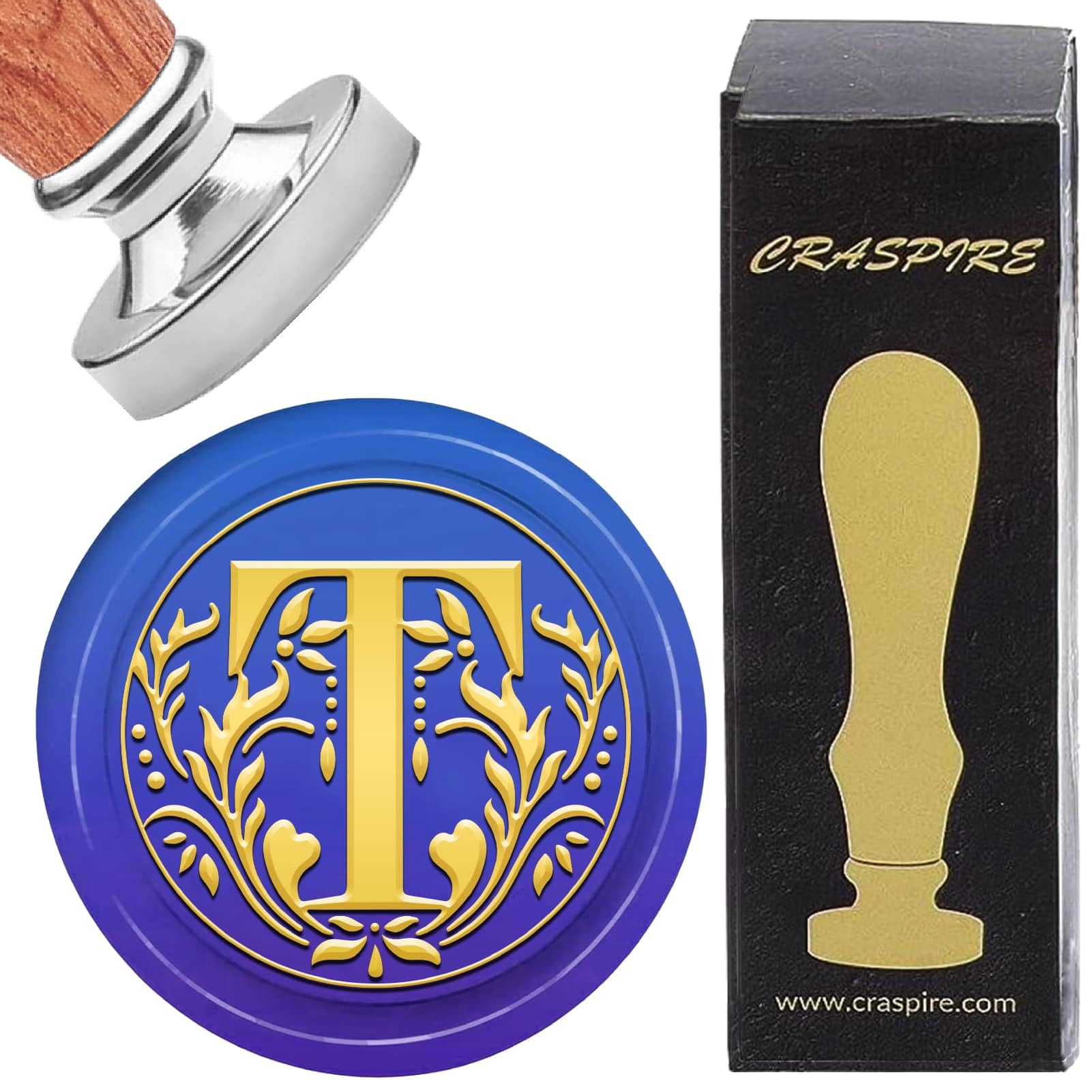 CRASPIRE Letter T Initials Sealing Wax Stamp Retro Alphabet Wax Seal Stamps Classic Vintage 26 Letters A-Z 25mm Removable Silver Plated Brass Head wood Handle for Envelope Invitation Gift Decoration