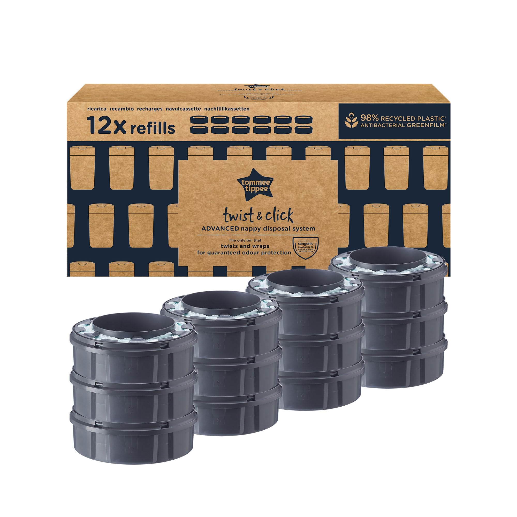 Tommee Tippee Twist and Click Nappy Bin Refill Cassettes, Pack of 12 Refill Cassettes with Multilayer, Antibacterial Film for Odour and Germ Protection