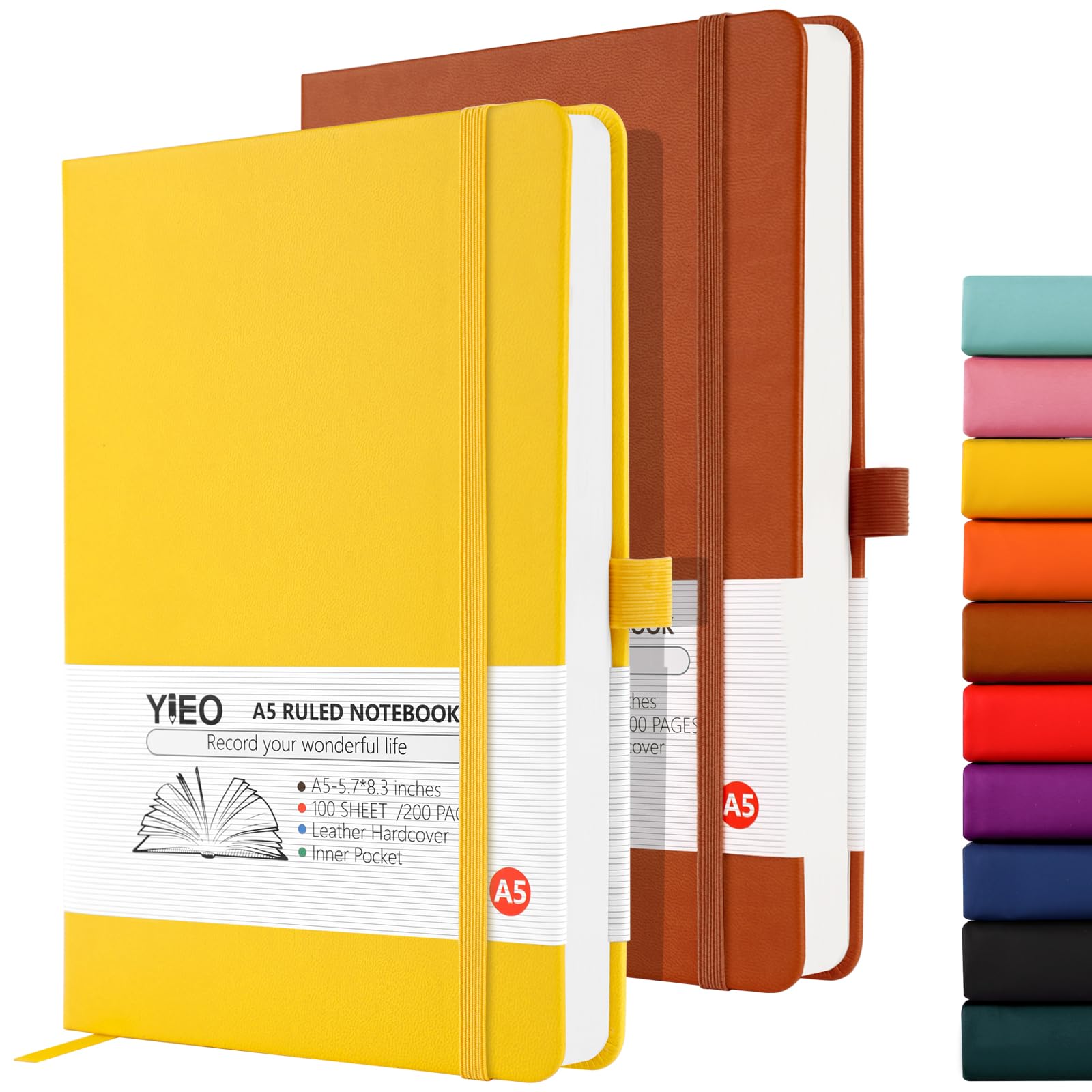 YIEO Notebook A5, 2 Pack Hardback Journal Notebook with 398 Lined Pages 80 GSM Leather Notepad with Bookmark, Pen Loop and Expandable Paper Pocket, for Office School Supplies (Yellow+Brown)