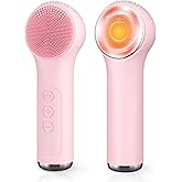 Queenwill Facial Cleansing Brush, 2 in 1 Rechargeable Silicone Face Scrubber with Heat Massage Head, Electric Vibrating Exfoliating and Massaging, Waterproof Face Cleanser for Women and Men (Pink)