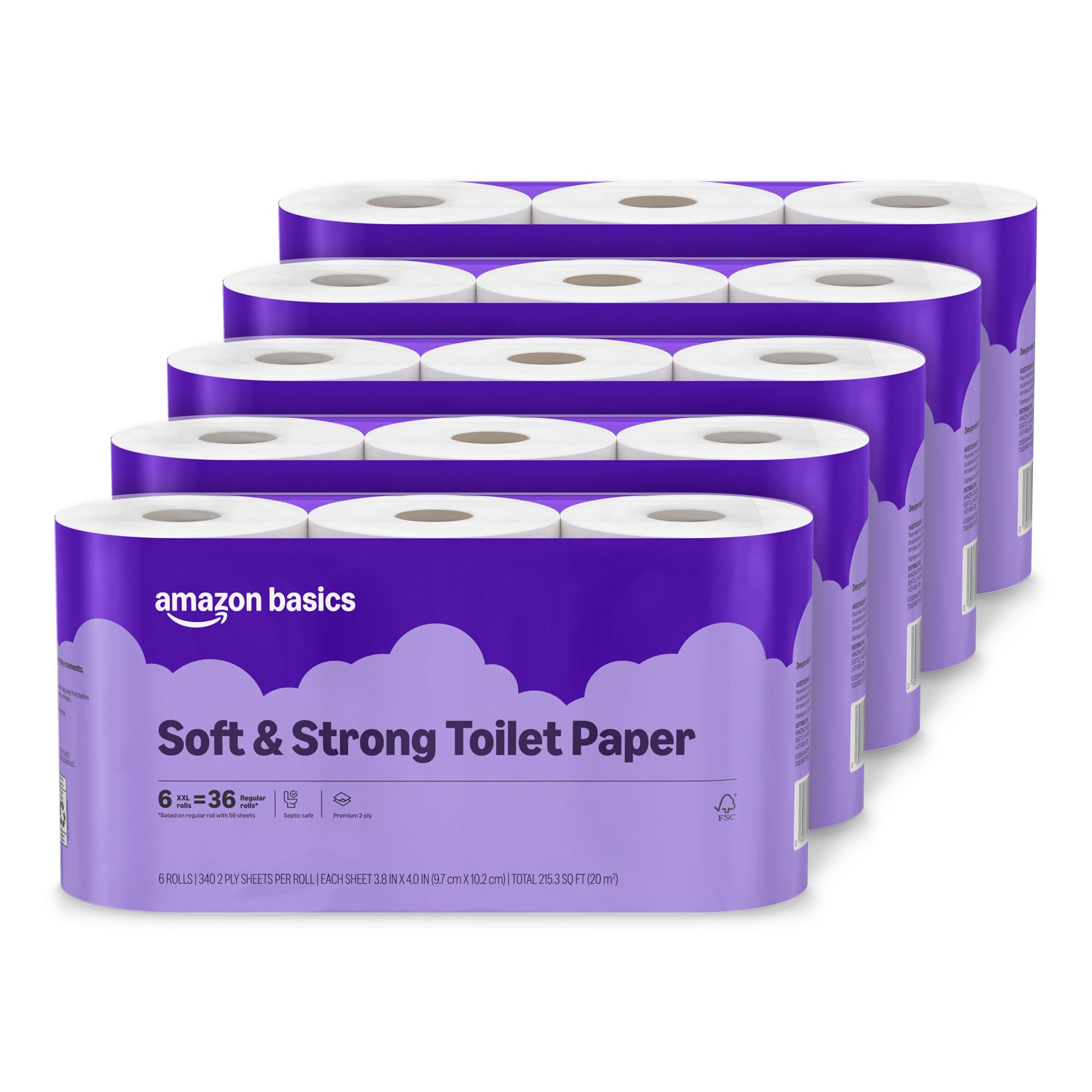 Amazon Basics Soft and Strong 2-Ply Toilet Paper, 30 Ultra Rolls = 120 Regular Rolls, Unscented, 340 Sheet (5 Packs of 6), Packaging May Vary
