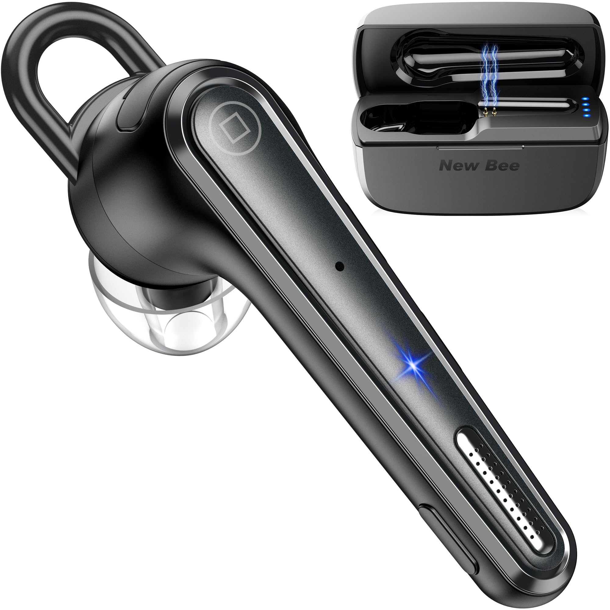 Photo 1 of New bee Bluetooth Earpiece Wireless Bluetooth Headset for Cellphone with 500mah Charging Case LED Battery Display, V5.1 Dual Mic Noise Cancelling Single Ear Hand-Free Headset for Office Call
