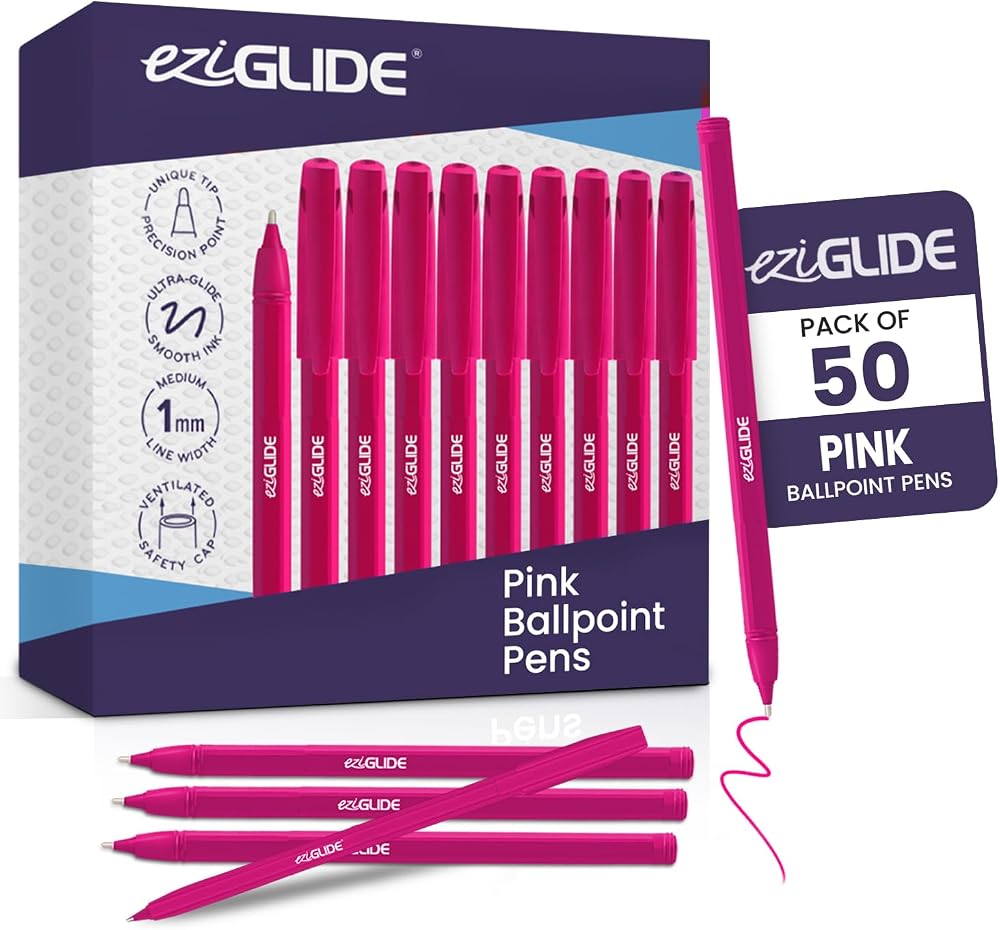 Eziglide 50-Pack Pink Ballpoint Pens Medium 1.0mm Safe Cap