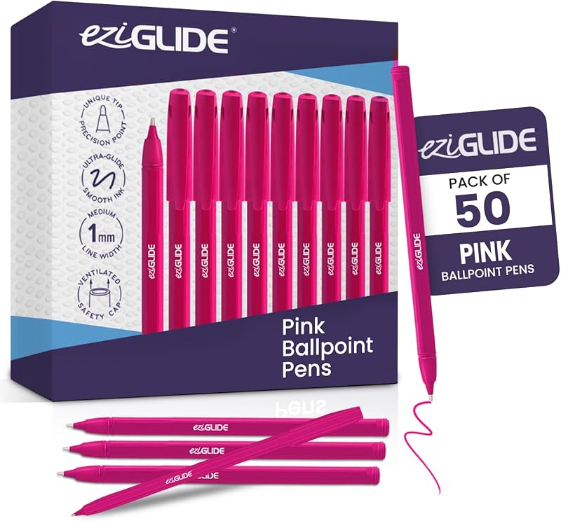 Eziglide 50-Pack Pink Ballpoint Pens Medium 1.0mm Safe Cap