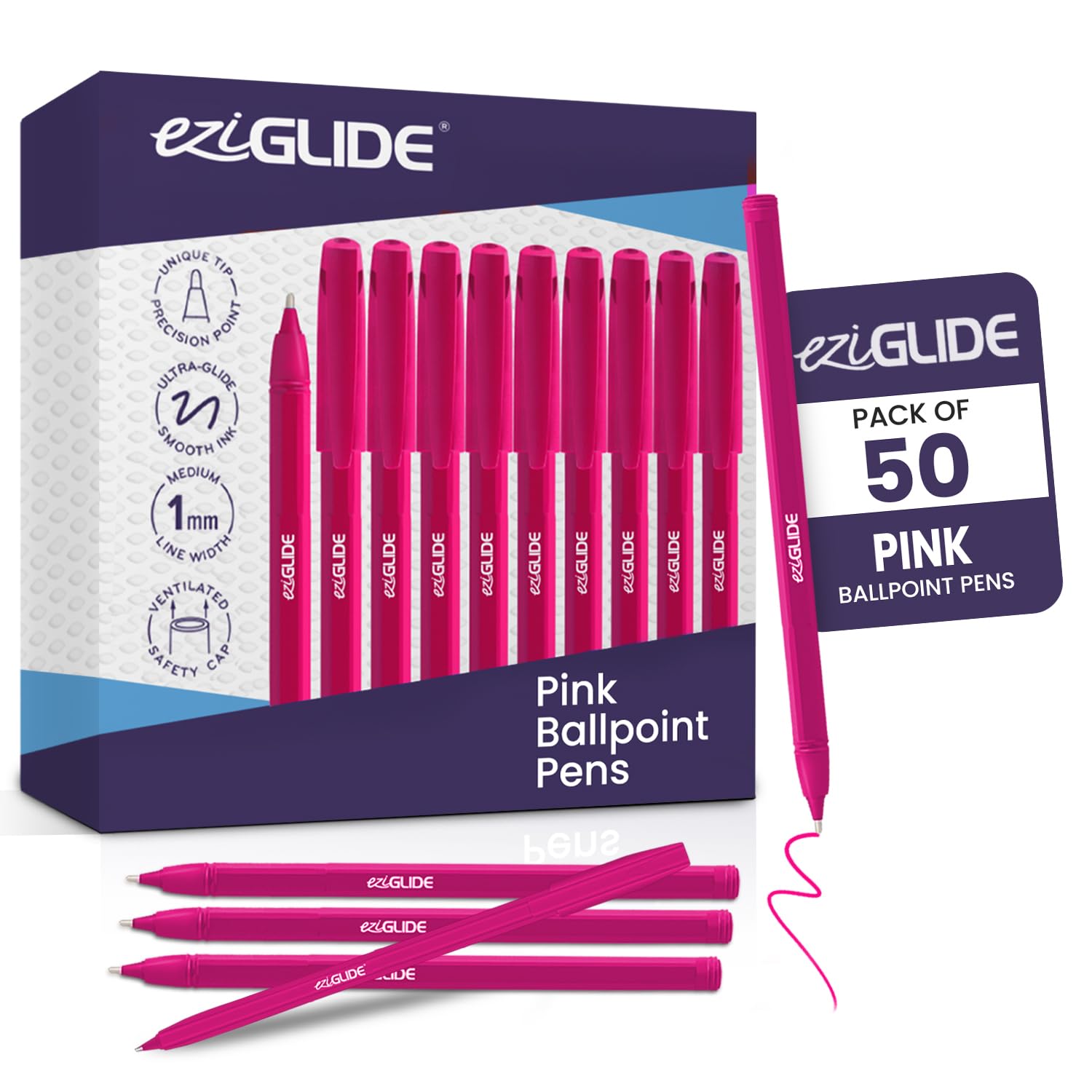 Eziglide 50-Pack Ballpoint Pen Set, Pink – Medium Nib (1.0mm) for Smooth Writing & Unique Tip – Ergonomic Grip, Long-Lasting Ink, Perfect for Home, School, Teachers, Work & Daily Handwriting