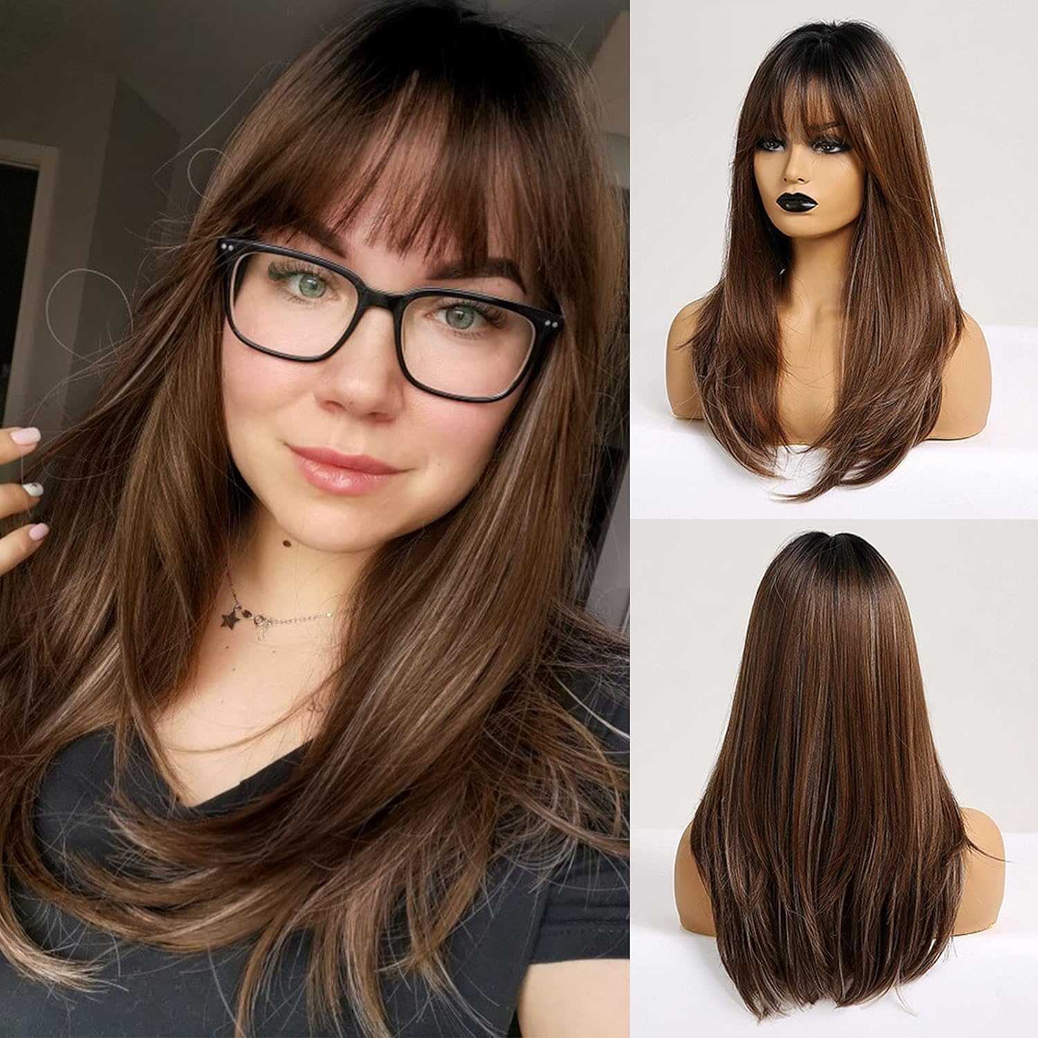 HARICUBE Wigs for Women - Long Straight Layered Wigs with Bangs - Mixed Brown