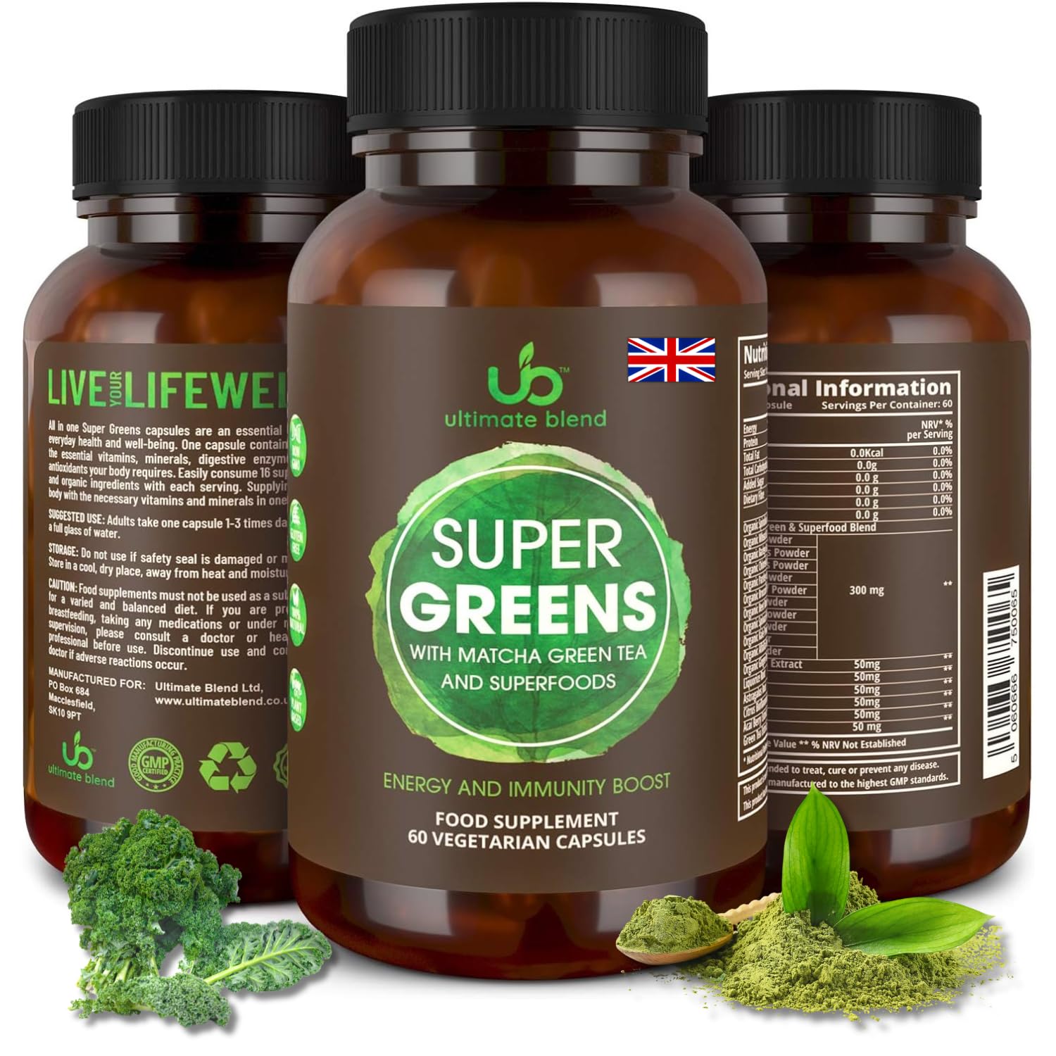 Ultimate Blend Vegan Superfood Capsules - 60 Tablets | Matcha & Green Tea Detox Supplement for Immune Support and Energy & Gut Health