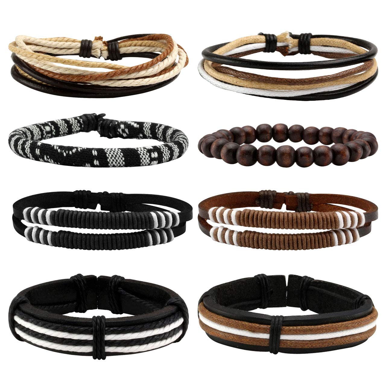 Manfnee 8PCS Braided Faux Leather Bracelet Punk Cuff Wrap Bracelets for Men Women Adjustable