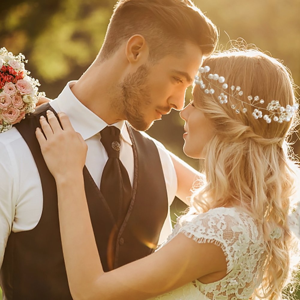 6 pcs Wedding Hair Accessories, Bridal Pearl Headband, Crystal Rhinestone Hair Wreath with Wedding Hair Pins for Bride and Bridesmaids