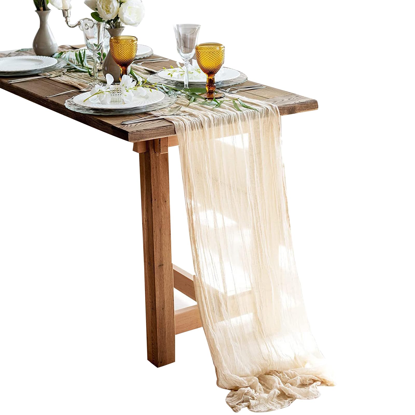 Table Runner-90*180cm (35*70inch) Cheesecloth Gauze Table Runner with Wrinkles for Wedding Decor Draping, Gauze Event Centerpiece Runner, Bridal Shower Reception Holiday Party (Beige)
